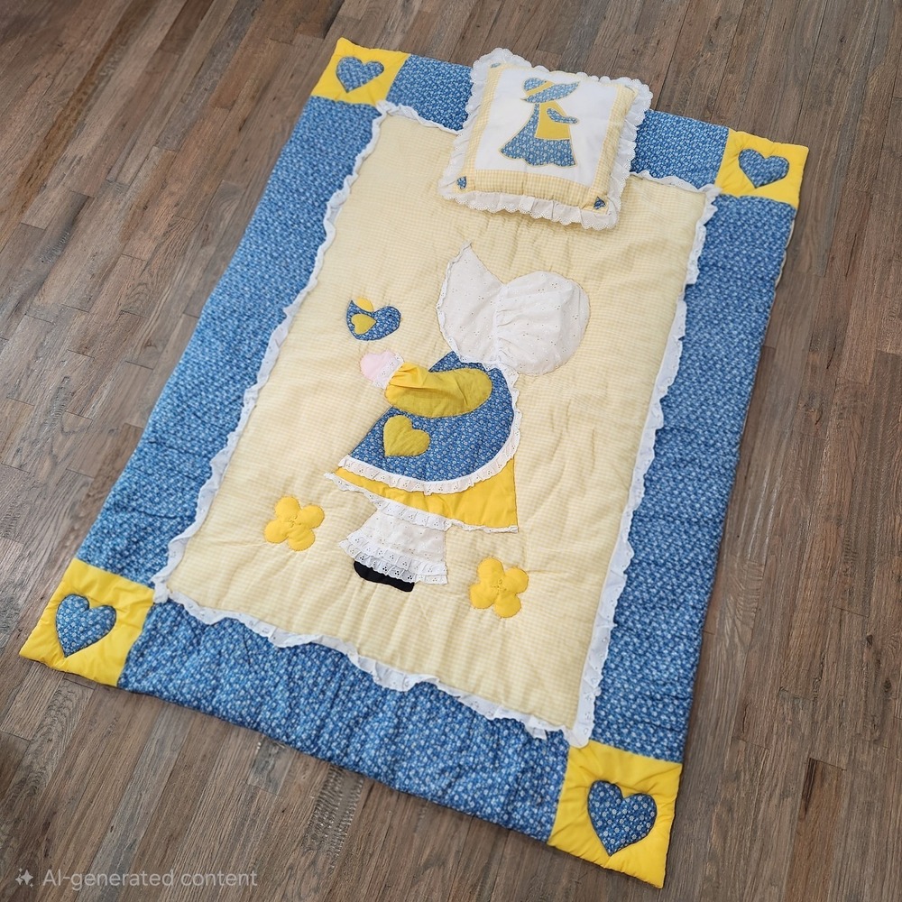 VTG Sunbonnet Sue Baby Quilt Pillow Set Yellow Gingham Blue Calico Cottagecore